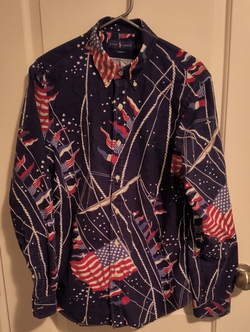 Ralph Lauren Men's L Navy Button-Down Shirt with Red, White & Blue USAFlag Motif